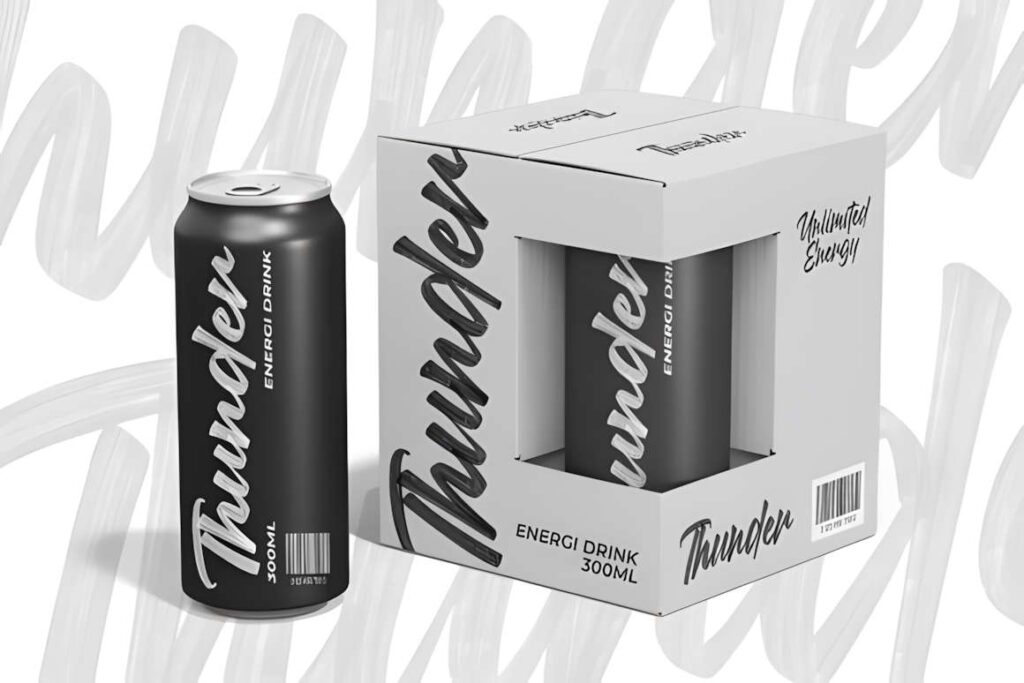 29 Canva Fonts for Painted Banners That Stand Out 22 Energy drink can and packaging with Thunder logo using Canva fonts for painted banners