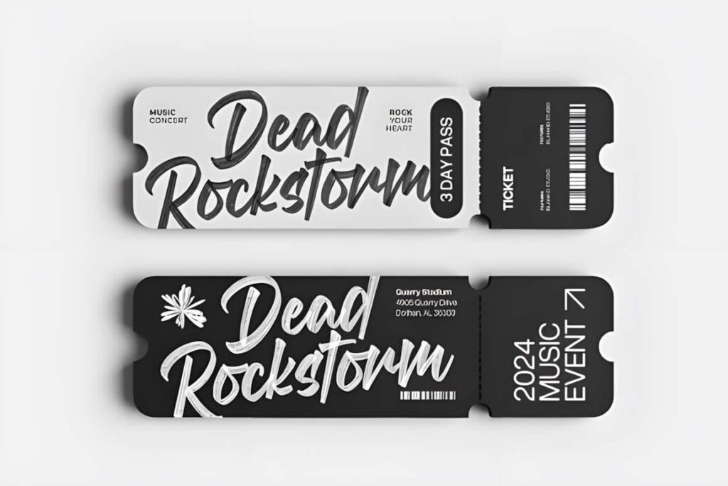 29 Canva Fonts for Painted Banners That Stand Out 21 Ticket design featuring Dead Rockstorm text in Canva fonts for painted banners with brush script style