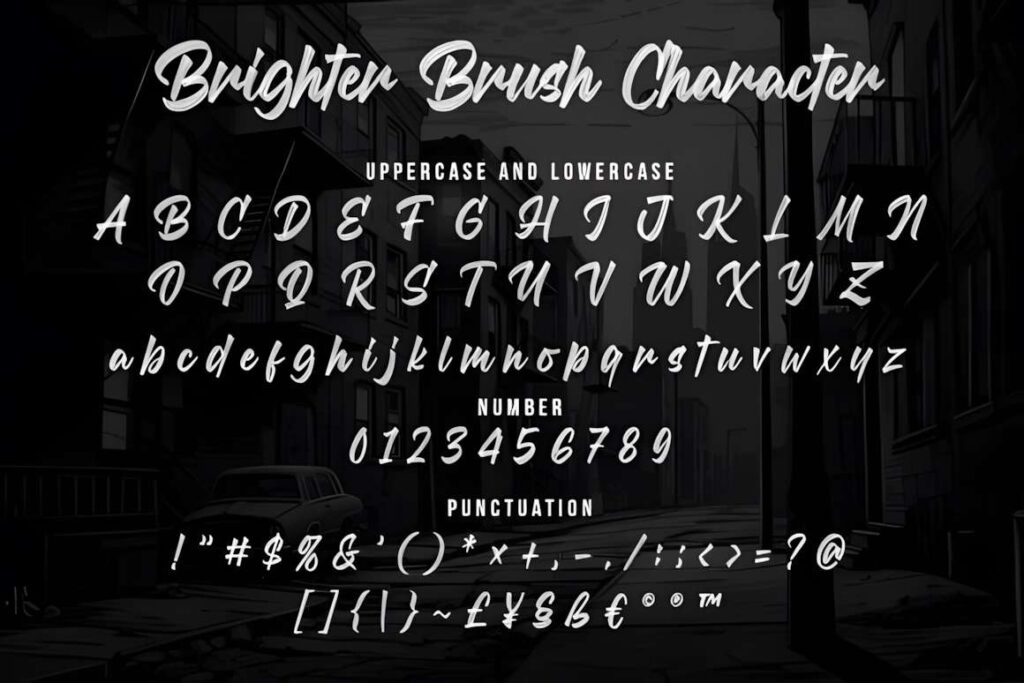 29 Canva Fonts for Painted Banners That Stand Out 20 Brighter Brush font character set showing uppercase, lowercase, numbers, and punctuation for Canva fonts for painted banners