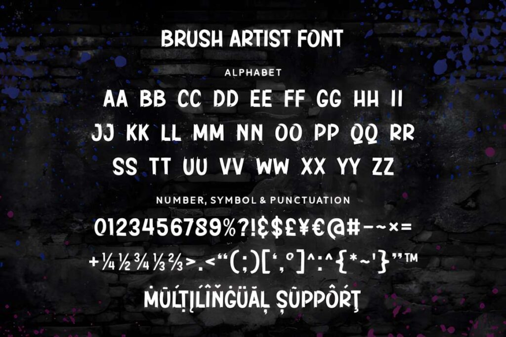 29 Canva Fonts for Painted Banners That Stand Out 67 Brush Artist font alphabet and symbols showcasing Canva fonts for painted banners with raw brushstroke style on dark