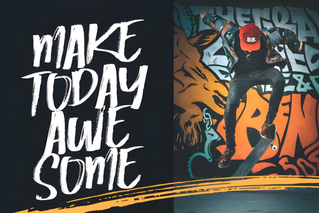 29 Canva Fonts for Painted Banners That Stand Out 5 Canva fonts for painted banners with brush attack style text saying Make Today Awesome next to a skateboarder in front of