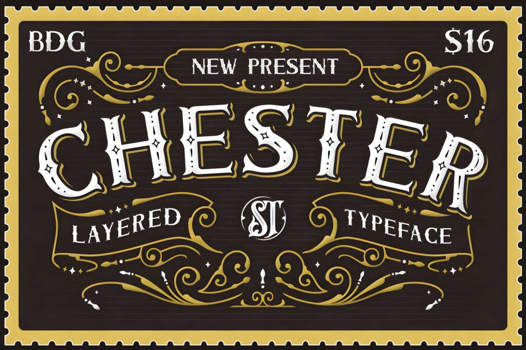 29 Canva Fonts for Painted Banners That Stand Out 6 Chester layered display font styled like vintage postcard stamps and rustic sign painting for Canva fonts for painted banners