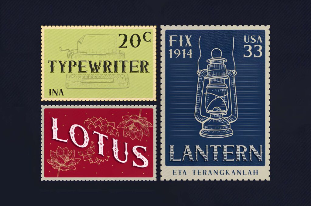 29 Canva Fonts for Painted Banners That Stand Out 8 Vintage style postage stamps with layered display fonts for painted banners — Canva fonts for painted banners