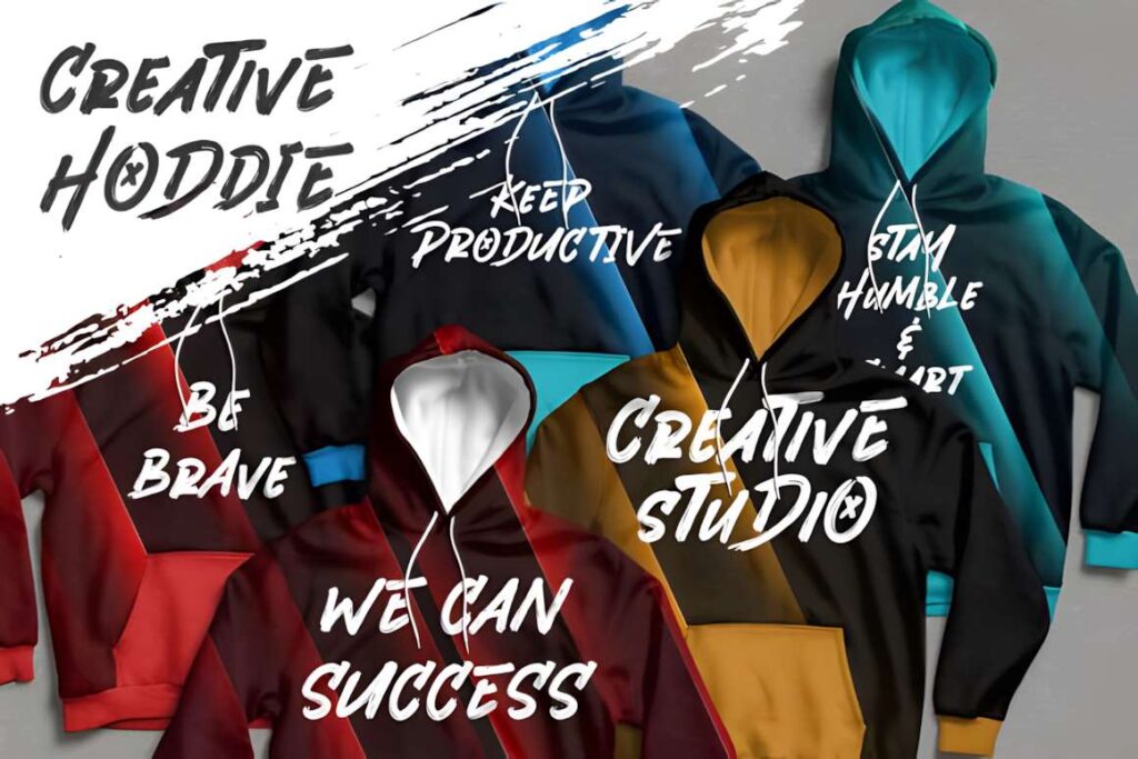 29 Canva Fonts for Painted Banners That Stand Out 32 Hoodies with painted banners using Canva fonts for painted banners featuring motivational phrases in brush style