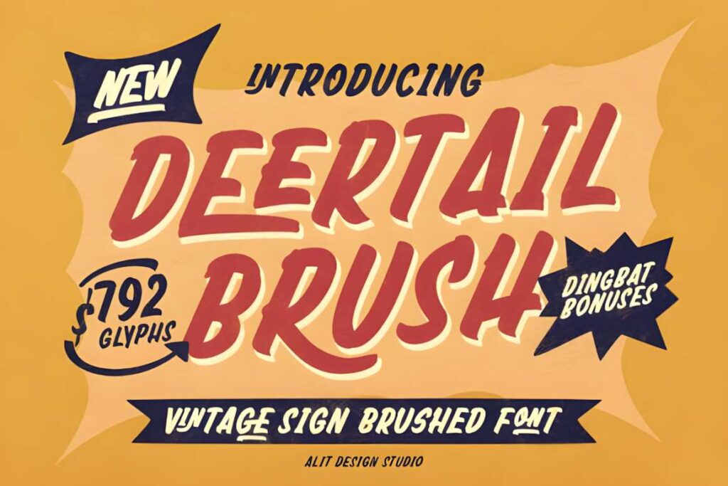 29 Canva Fonts for Painted Banners That Stand Out 47 Deertail Brush vintage sign brushed font showcasing 792 glyphs and dingbat bonuses for Canva fonts for painted banners