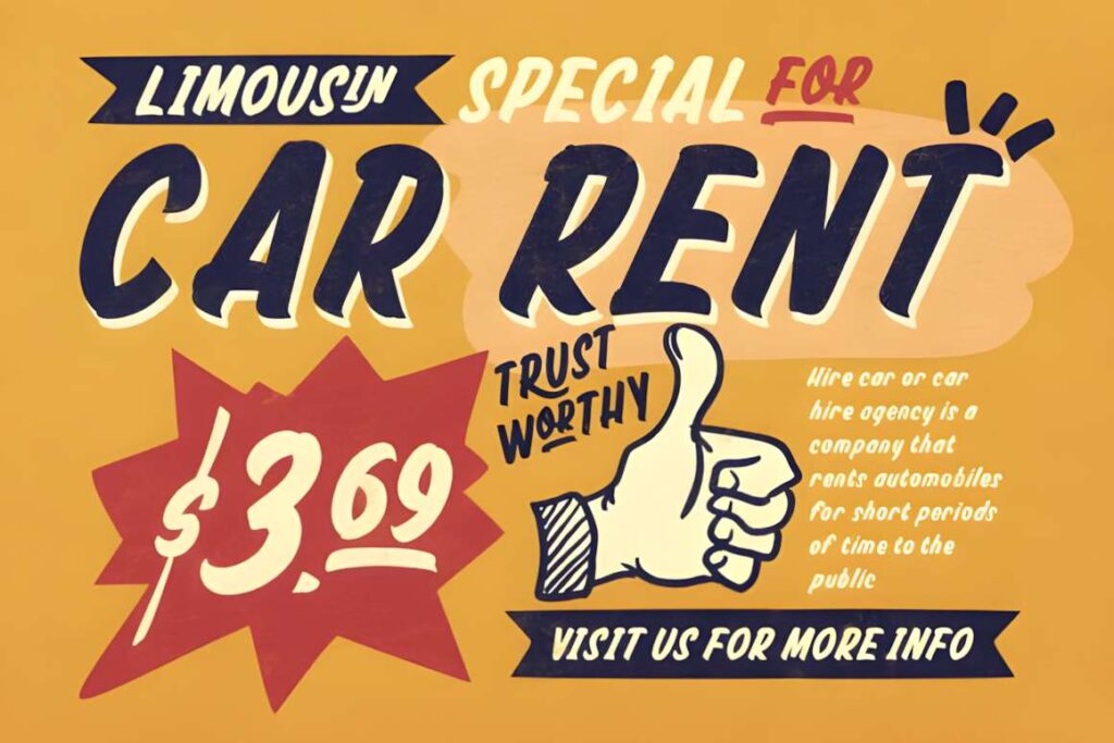 29 Canva Fonts for Painted Banners That Stand Out 52 Canva fonts for painted banners showing bold, hand-painted style text advertising car rent with price and thumbs-up graphic