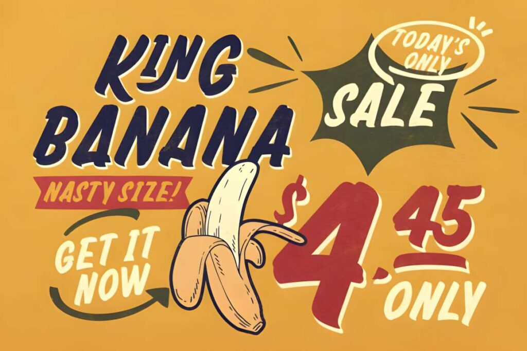 29 Canva Fonts for Painted Banners That Stand Out 49 Canva fonts for painted banners showing King Banana sale with hand-painted brush style text and vintage design elements