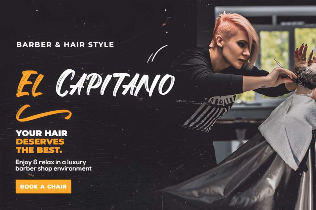 29 Canva Fonts for Painted Banners That Stand Out 63 Barber cutting hair with bold Canva fonts for painted banners in orange and white on black background
