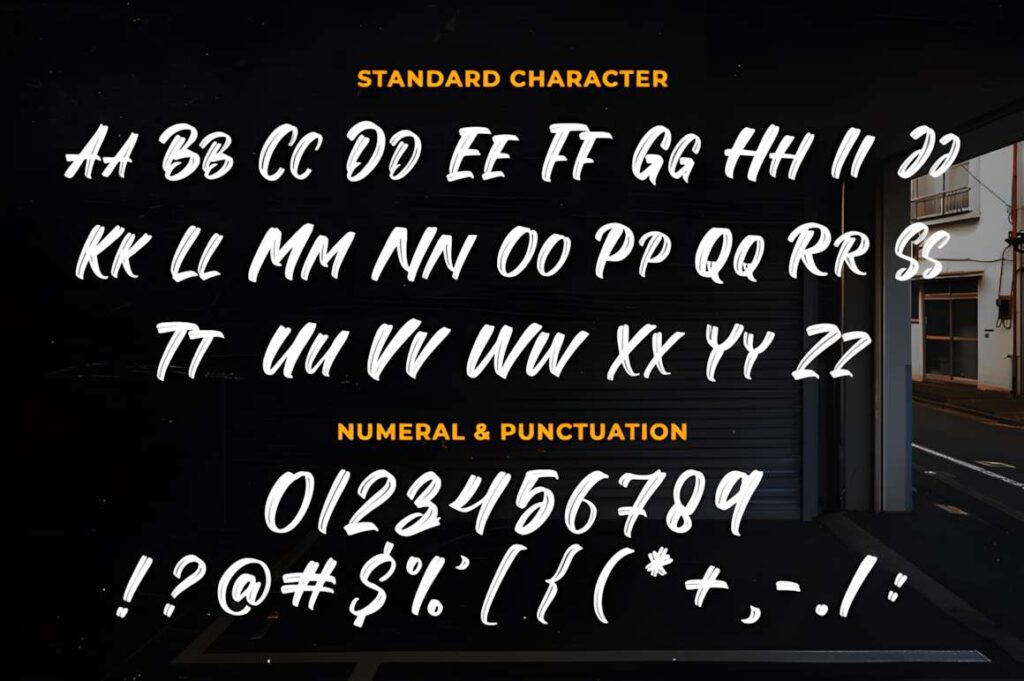 29 Canva Fonts for Painted Banners That Stand Out 64 Forward Brush font characters including uppercase letters, numerals, and punctuation in a — Canva fonts for painted banners