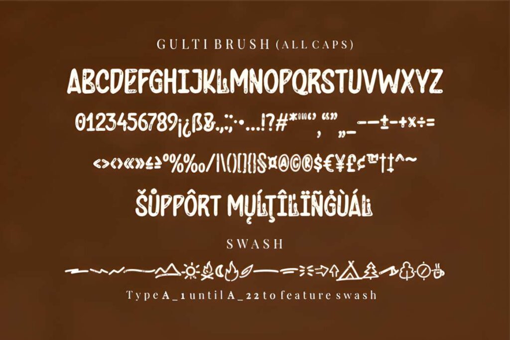 29 Canva Fonts for Painted Banners That Stand Out 76 Gulti Brush font showing uppercase letters, numbers, punctuation, multilingual support — Canva fonts for painted banners