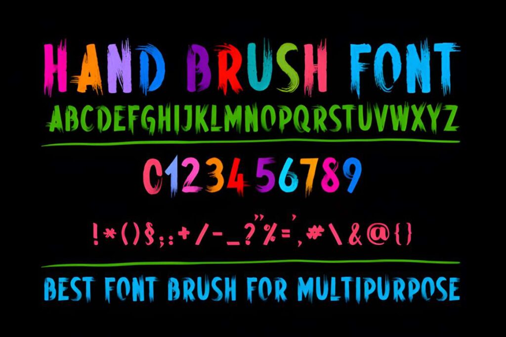 29 Canva Fonts for Painted Banners That Stand Out 55 Colorful Hand Brush font alphabet, numbers, and symbols on black background showcasing Canva fonts for painted banners