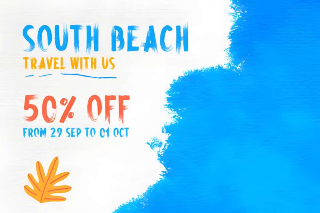 29 Canva Fonts for Painted Banners That Stand Out 54 Canva fonts for painted banners showing South Beach travel promotion with 50% off and blue paint background