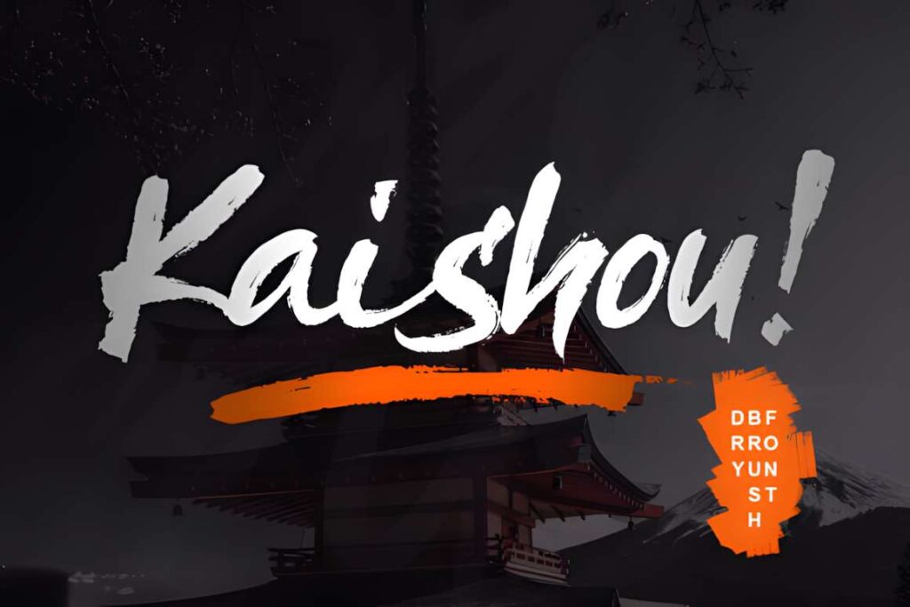 29 Canva Fonts for Painted Banners That Stand Out 95 Kaishou! font sample showing dry-brush handwritten style for Canva fonts for painted banners