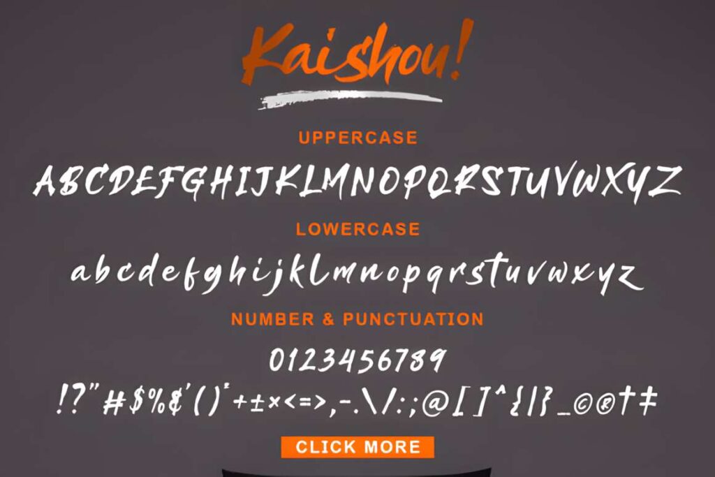 29 Canva Fonts for Painted Banners That Stand Out 99 Kaishou! font alphabet showing uppercase, lowercase, numbers, and punctuation for Canva fonts for painted banners