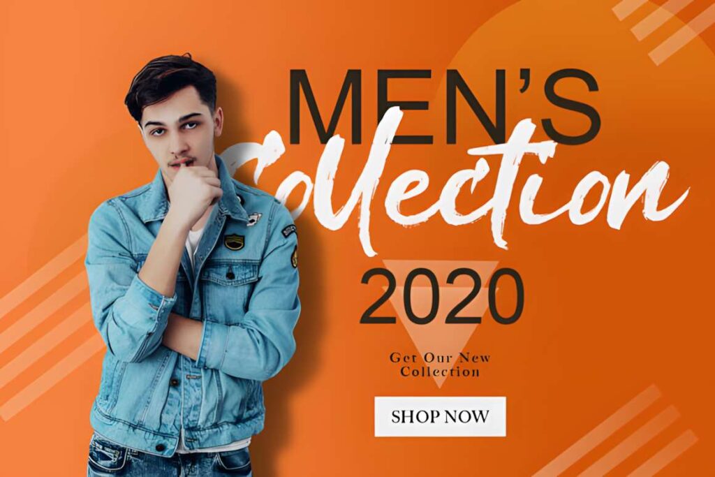 29 Canva Fonts for Painted Banners That Stand Out 97 Men's collection 2020 banner with a man in denim jacket on orange background using Canva fonts for painted banners