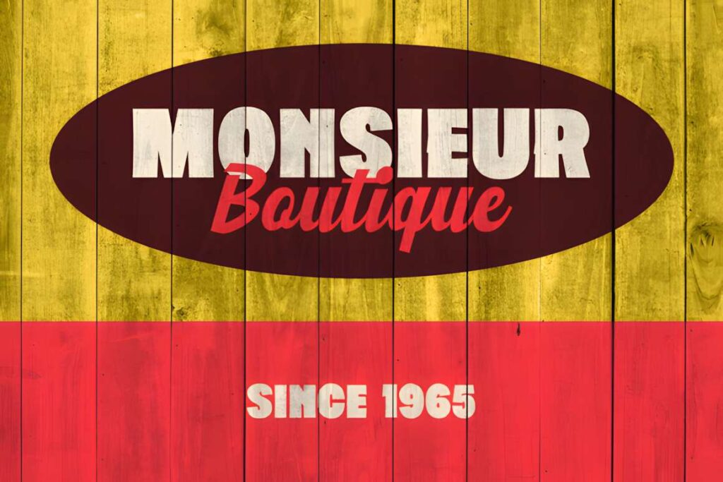 29 Canva Fonts for Painted Banners That Stand Out 85 Monsieur Boutique banner using Canva fonts for painted banners with bold sans serif and flowing script on wood background