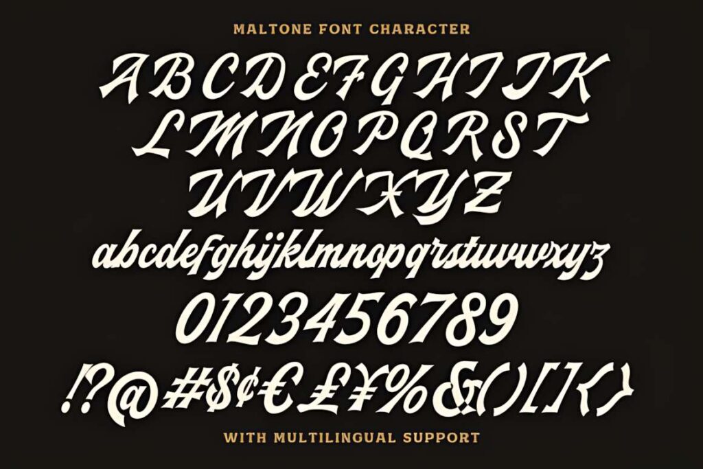 29 Canva Fonts for Painted Banners That Stand Out 101 Maltone font alphabet and characters showcasing Canva fonts for painted banners with vintage script style