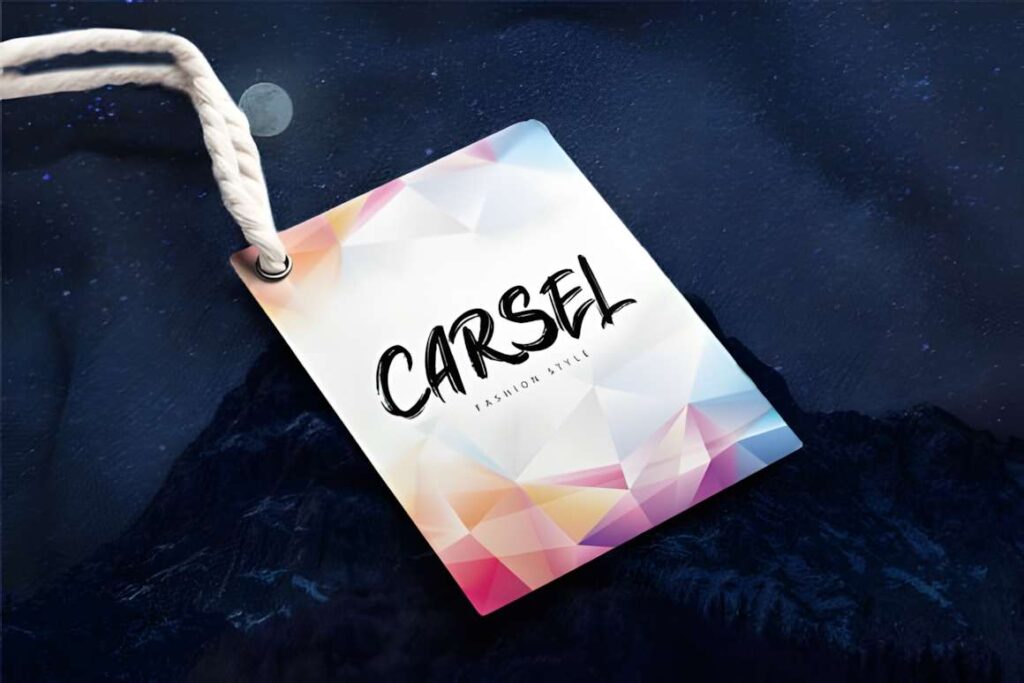 29 Canva Fonts for Painted Banners That Stand Out 15 Tag with CARSEL text in bold brush style font on geometric pastel background showcasing Canva fonts for painted banners