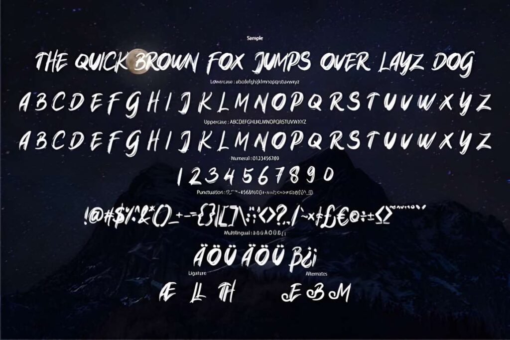 29 Canva Fonts for Painted Banners That Stand Out 14 Canva fonts for painted banners showing Native Brush font with uppercase, lowercase, numbers, and symbols on dark background