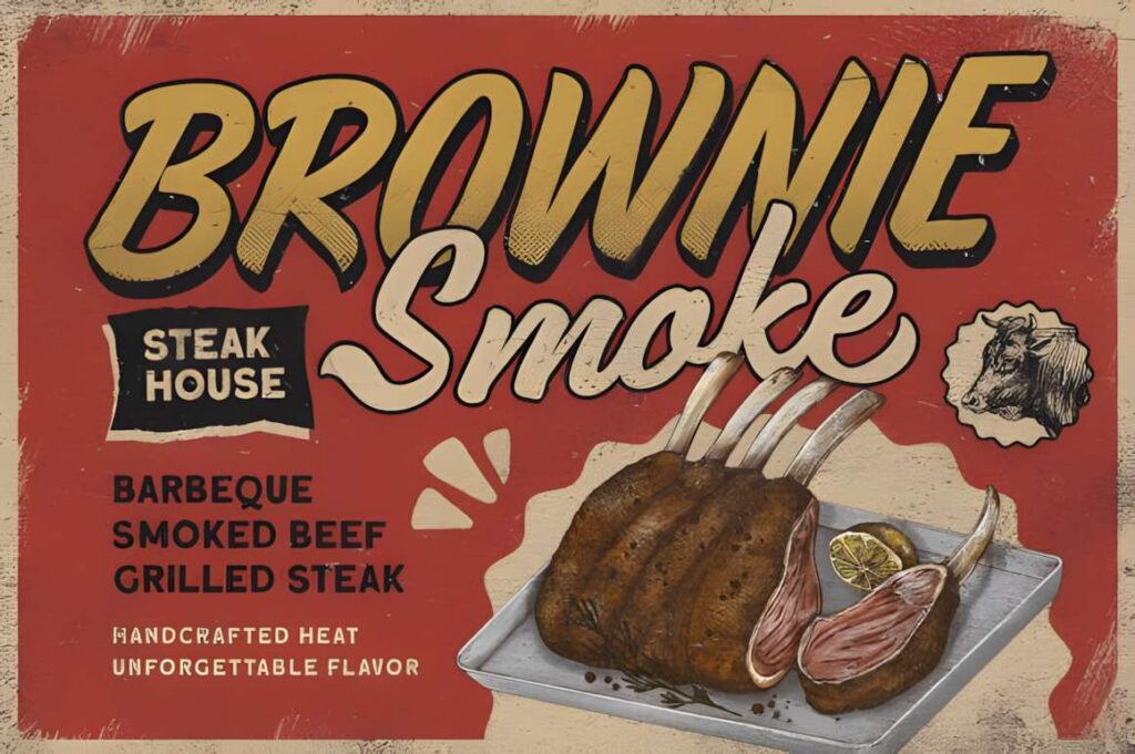 29 Canva Fonts for Painted Banners That Stand Out 23 Canva fonts for painted banners showing retro style text Brownie Smoke with steak house theme