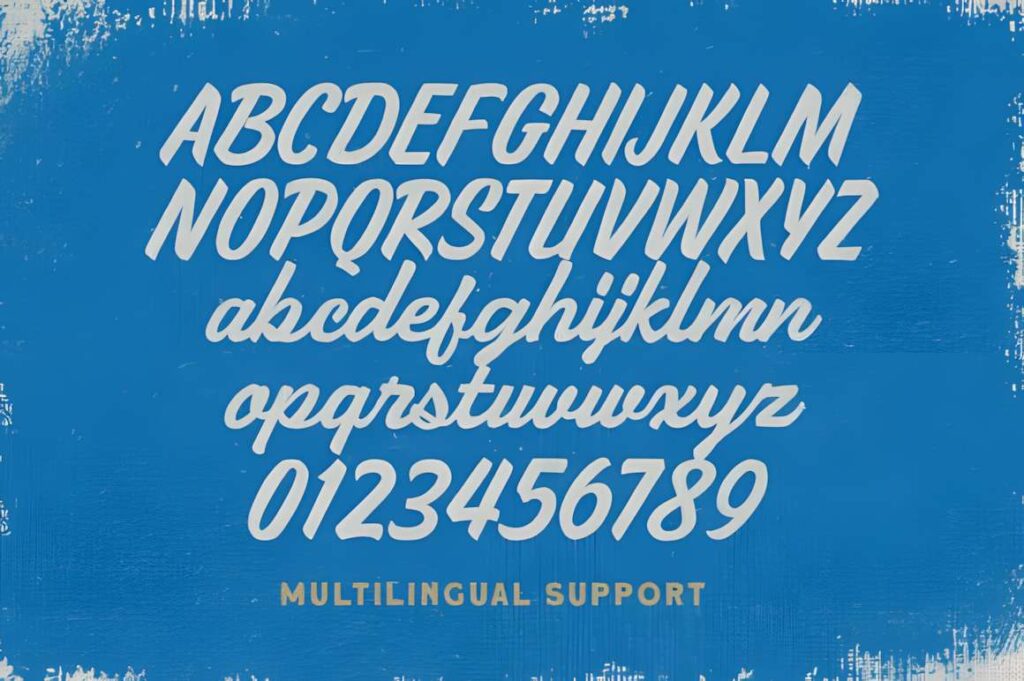 29 Canva Fonts for Painted Banners That Stand Out 27 Alphabet and numbers in Oldtown Signer font style on blue background showcasing Canva fonts for painted banners