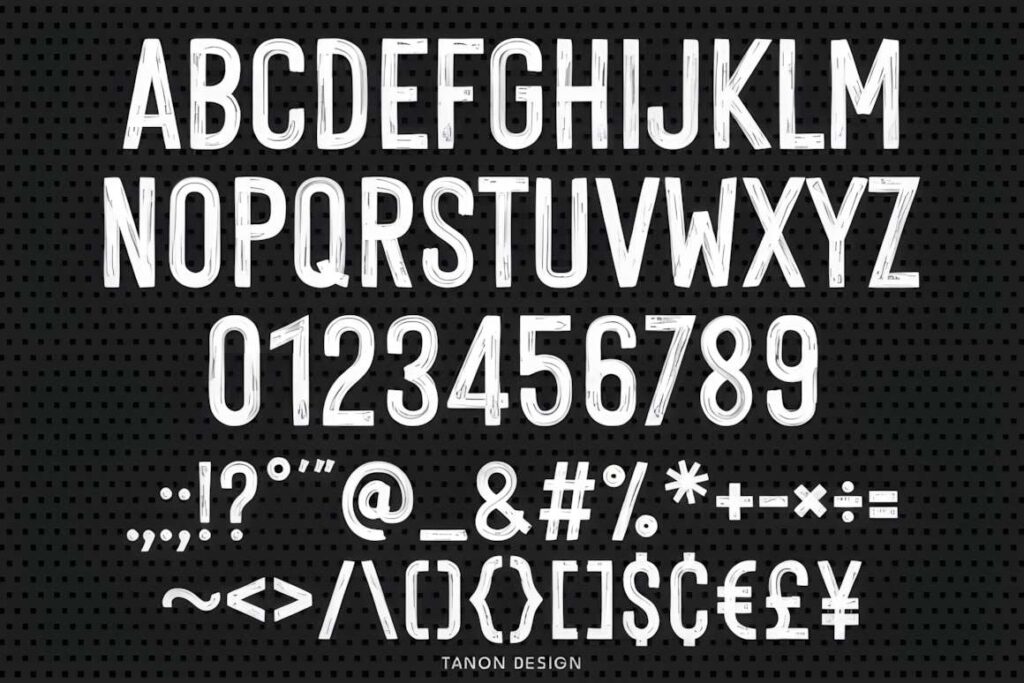 29 Canva Fonts for Painted Banners That Stand Out 18 Canva fonts for painted banners showing uppercase letters, numbers, and symbols in a bold, condensed handwritten brush style