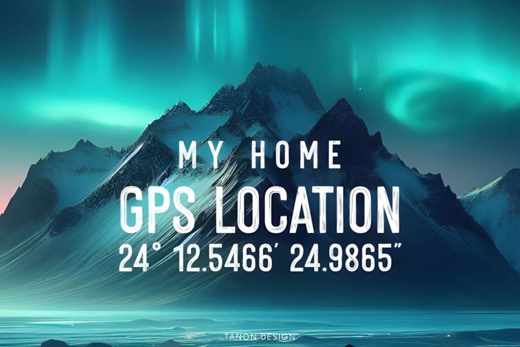 29 Canva Fonts for Painted Banners That Stand Out 25 Mountain landscape with northern lights and text in Canva fonts for painted banners style showing GPS coordinates
