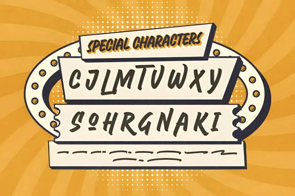 29 Canva Fonts for Painted Banners That Stand Out 11 Special characters displayed in a retro style using Canva fonts for painted banners