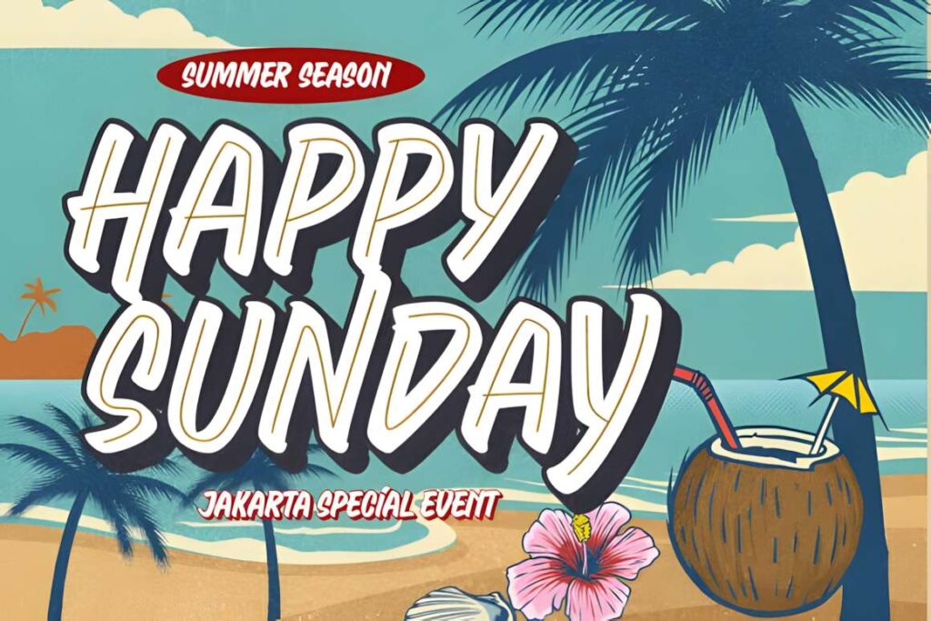 29 Canva Fonts for Painted Banners That Stand Out 10 Happy Sunday banner using Canva fonts for painted banners with tropical beach scene and coconut drink