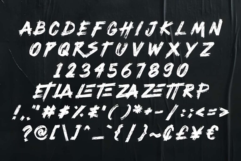 29 Canva Fonts for Painted Banners That Stand Out 121 Alphabet and symbols in Street Cruiser font, a bold all-caps dry-brush style for Canva fonts for painted banners