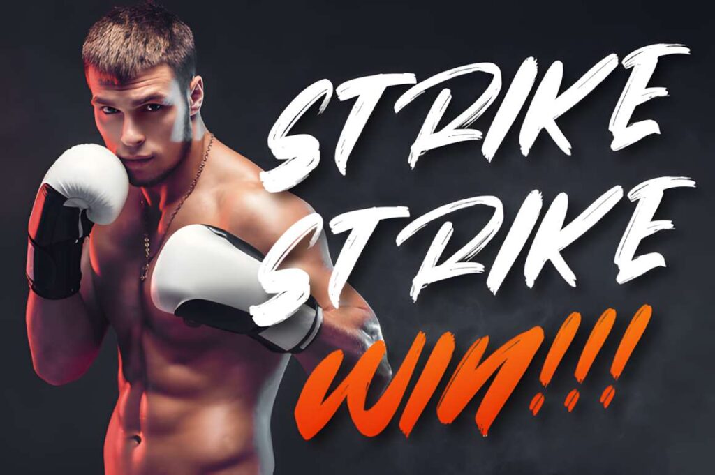 29 Canva Fonts for Painted Banners That Stand Out 114 Man in boxing gloves with text Strike Strike Win in brush font style for Canva fonts for painted banners