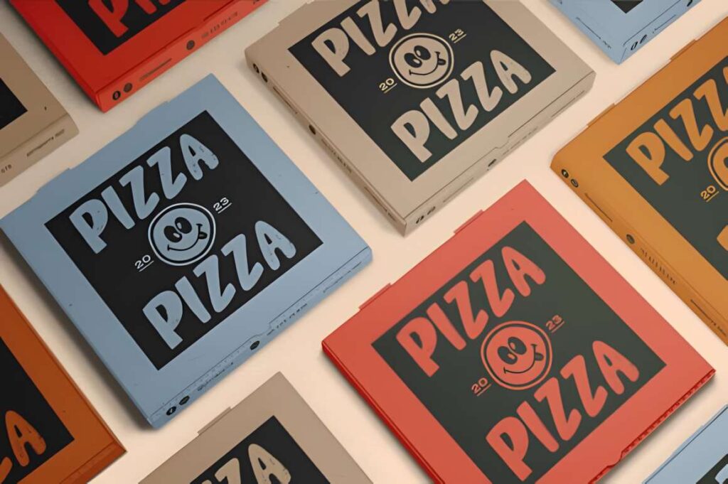 29 Canva Fonts for Painted Banners That Stand Out 36 Pizza boxes with bold painted lettering in various colors showcasing Canva fonts for painted banners