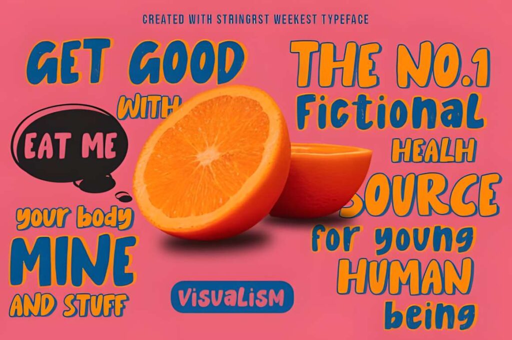 29 Canva Fonts for Painted Banners That Stand Out 34 Bright orange fruit halves with colorful hand-brush style text using Canva fonts for painted banners on a pink background