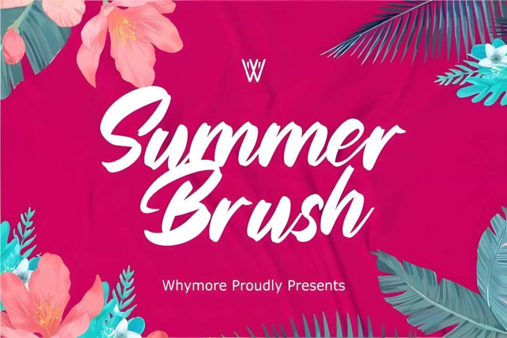 29 Canva Fonts for Painted Banners That Stand Out 91 Summer Brush font in white script on pink background with tropical flowers and leaves — Canva fonts for painted banners