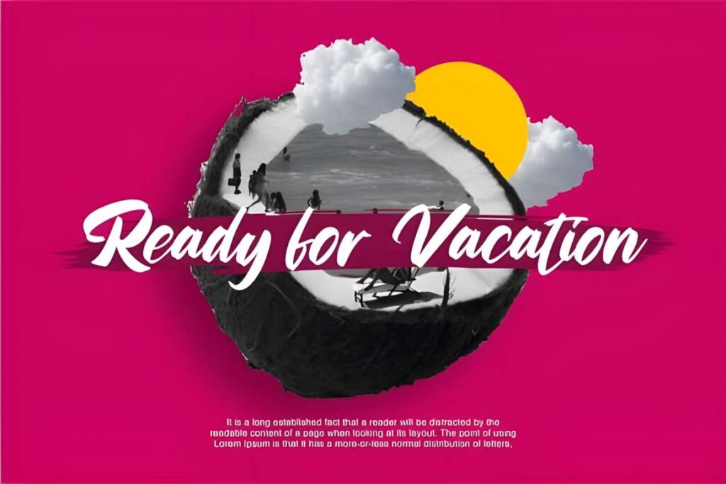 29 Canva Fonts for Painted Banners That Stand Out 92 Ready for Vacation text in Summer Brush font on a creative painted banner with beach and — Canva fonts for painted banners