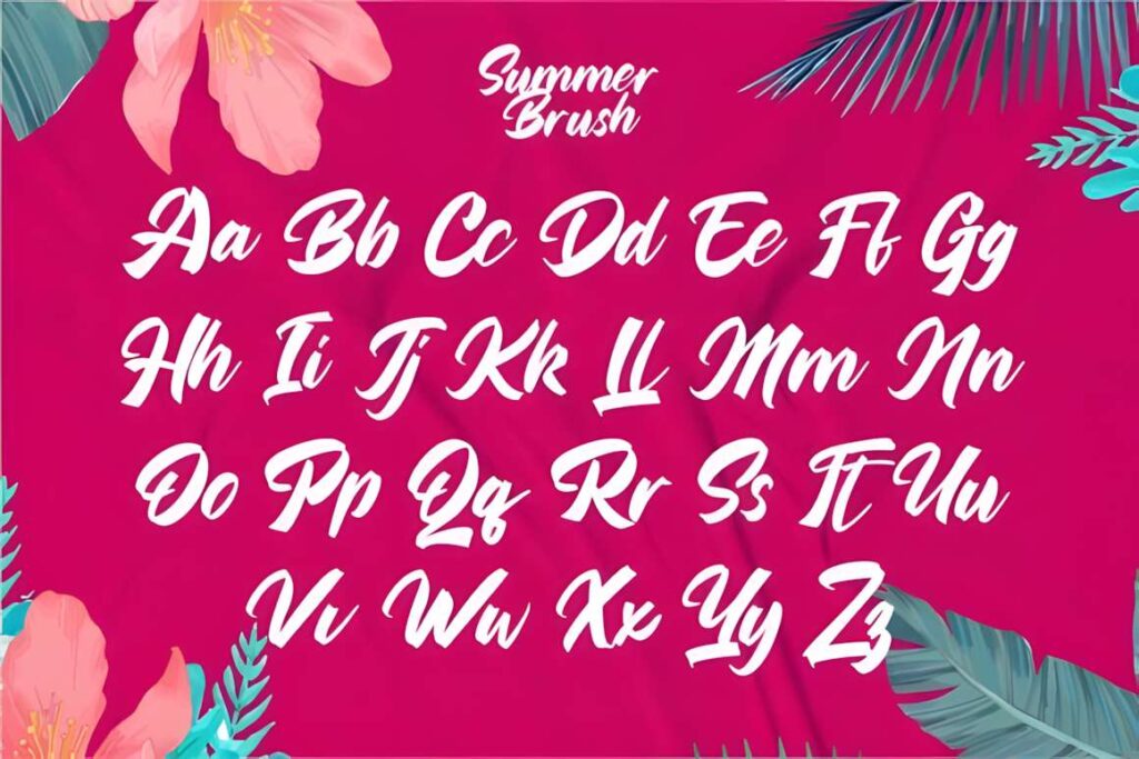 29 Canva Fonts for Painted Banners That Stand Out 93 Summer Brush script font alphabet in white on pink background with tropical flower and — Canva fonts for painted banners