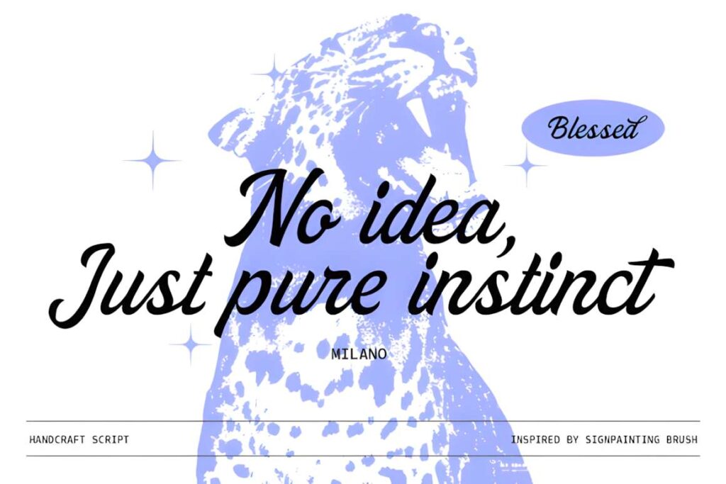 29 Canva Fonts for Painted Banners That Stand Out 106 Text 'No idea Just pure instinct' in a bold script font over a blue illustrated roaring — Canva fonts for painted banners