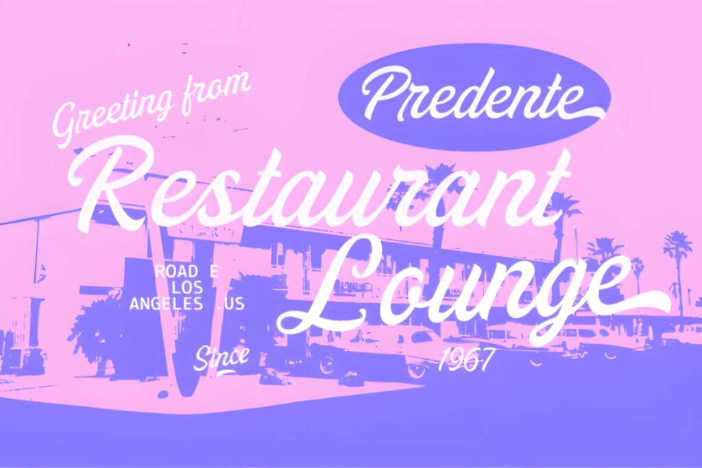 29 Canva Fonts for Painted Banners That Stand Out 105 Canva fonts for painted banners showing bold script text 'Predente Restaurant Lounge' with retro style and palm trees