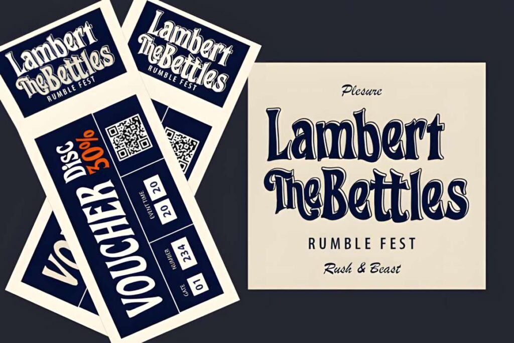 29 Canva Fonts for Painted Banners That Stand Out 59 Voucher and event card featuring Lambert The Bettles in stylized font for painted banners — Canva fonts for painted banners