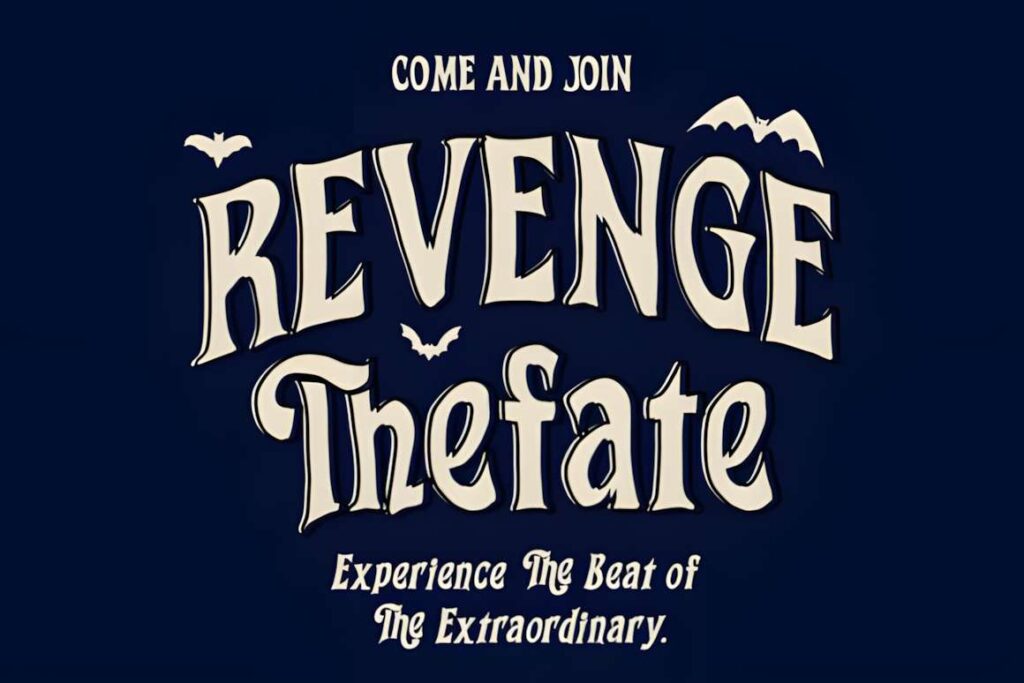 29 Canva Fonts for Painted Banners That Stand Out 61 Canva fonts for painted banners showing stylized text 'Revenge The Fate' with bats on dark background
