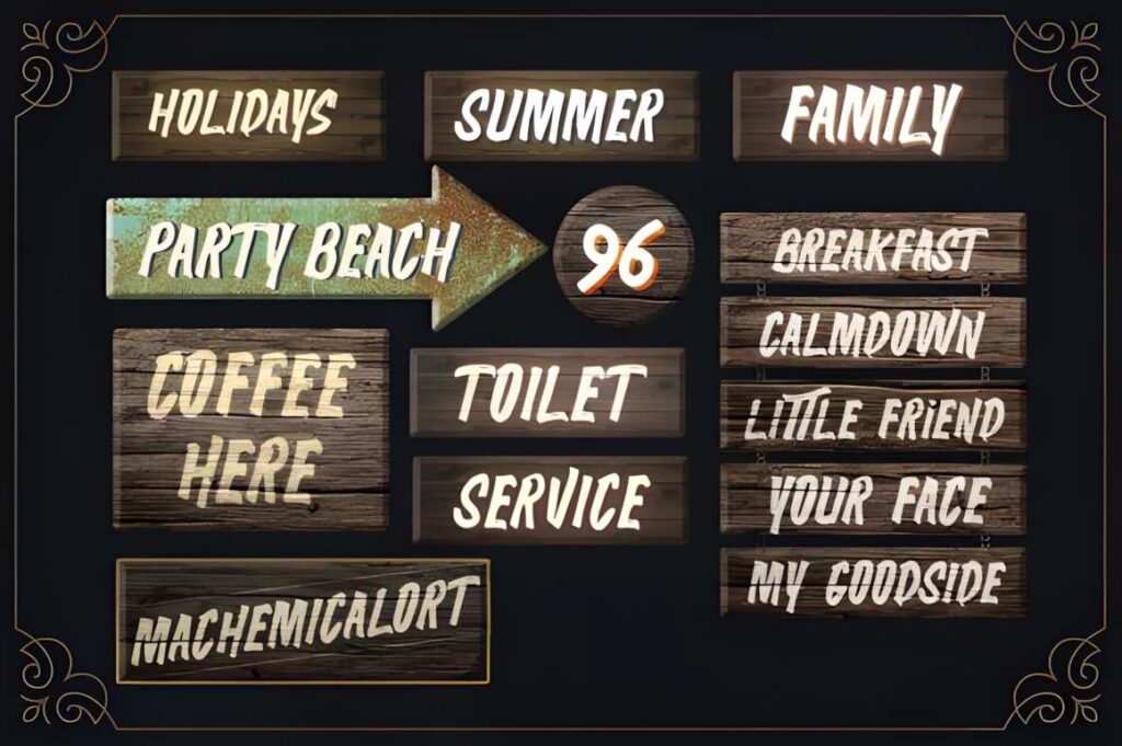 29 Canva Fonts for Painted Banners That Stand Out 45 Wooden signs with various hand-painted fonts for painted banners including 'Party Beach' — Canva fonts for painted banners